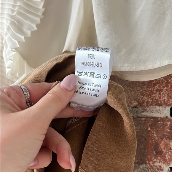 Cream and Brown Ruffle Dress SANDRO paris 100% silk ruffle pleated summer dress - Picture 7 of 9